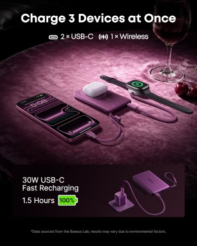 Image of Baseus Picogo AM52 MagSafe Power Bank, Qi2.2 25W 10,000mAh Magnetic Portable Charger, 0.6 inch Slim Built-in 45W USB-C Cable, Alloy Fast Charging Wireless Battery Pack for iPhone 17 /16 /15 /14 /13 /12 Only