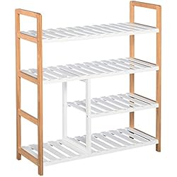 Estanterias Altas Blancas HOMCOM Zapatero Multiuso de 4 Niveles Máximo 11 Pares con Compartimento para Botas Altas Estantería de Zapatos Madera Maciza de Pino 68x26x78 cm Blanco