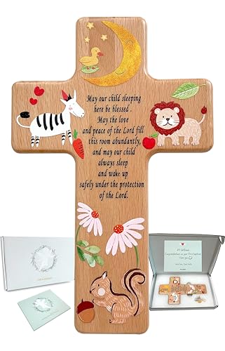Oraaham Baby Wall Cross-Decorative Wood Cross & angel Child room Wall Hanging for Nursery Perfect Keepsake Baptism, Christening Gift for Boys&Girls