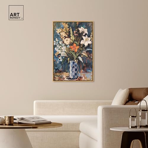 Image of Art Remedy Blue Floral Vase Canvas Floral Vase Wall Art, Gold Frame, 30 inch x 45 inch