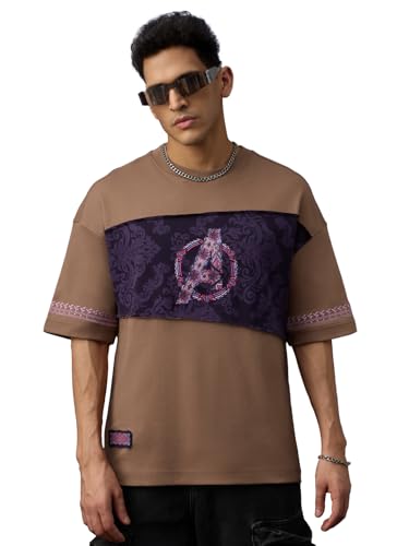 Image of The Souled Store Marvel Indie: Logo Men and Boys Short Sleeves Round Neck Embroidered Drop Shoulder Baggy Casual Streetwear Superheroes Inspired Cotton Super Oversized T-Shirt