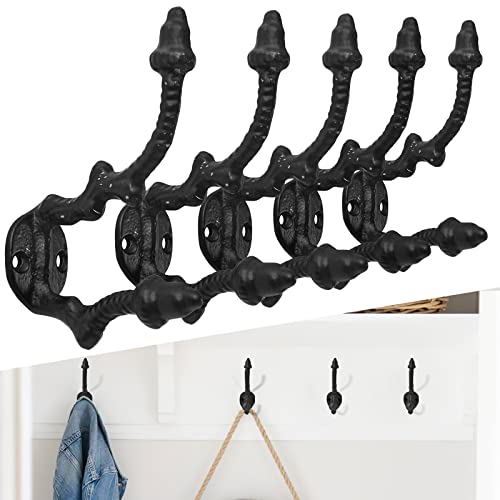 Industrial Pipe Hooks 5 Pack with Black Valve Wheel, All-Black Steampunk Wall Mounted Hooks, Heavy Duty Wrought Iron Decorative Hanger, Vintage Farmhouse Style Retro Metal Hooks for Coat, Hat, Towel