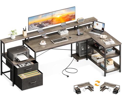 ODK Escritorio con Cajones, 172.5×100cm Escritorio Esquinero Reversible Grande con Estanteria, Mesa Gaming Escritorio en L con Puerto USB y Toma de Corriente para la Oficina en Casa, Roble Gris