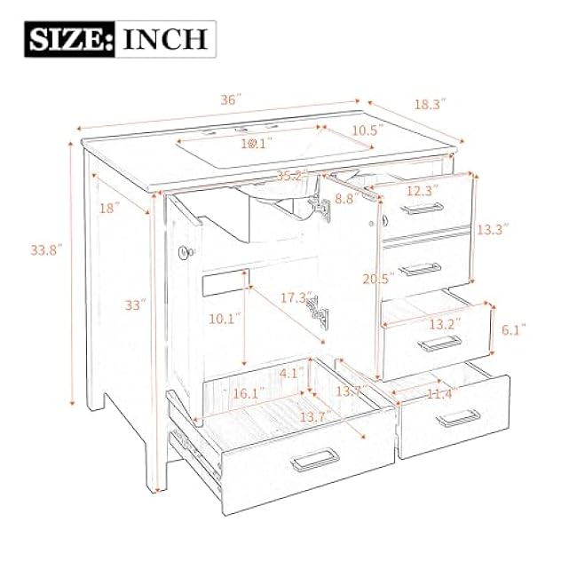 Modern Bathroom Vanity with Ceramic Sink Combo, Solid Wood Frame Bathroom Storage Cabinet with 4 Drawers& Soft Closing Doors, Freestanding Vanity Set