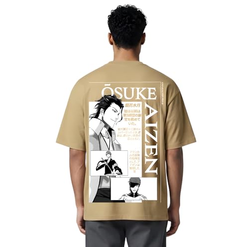 Image of Yume Men's Oversized Aizen Sosuke Anime Printed T-Shirt | 240 GSM Cotton Crew Neck Tee | Lavender & Black Beige Dual-Tone | Bleach Villain Merch | Long Length Drop Shoulder Streetwear (Black)