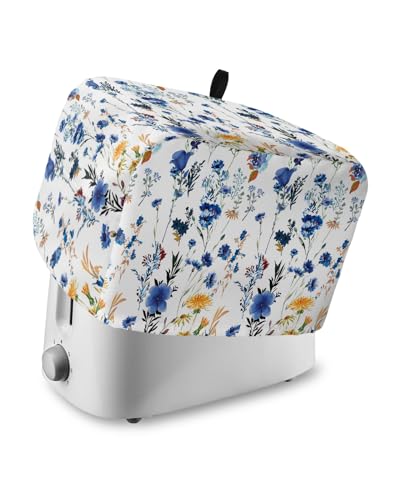 Toaster Dust Cover with Pockets,Spring Blue and Yellow Flower Floral Simple White Background Soft Washable 4 Slice Toaster Cover,Dust-proof Cover for Small Appliance Cover and Fingerprint Protection