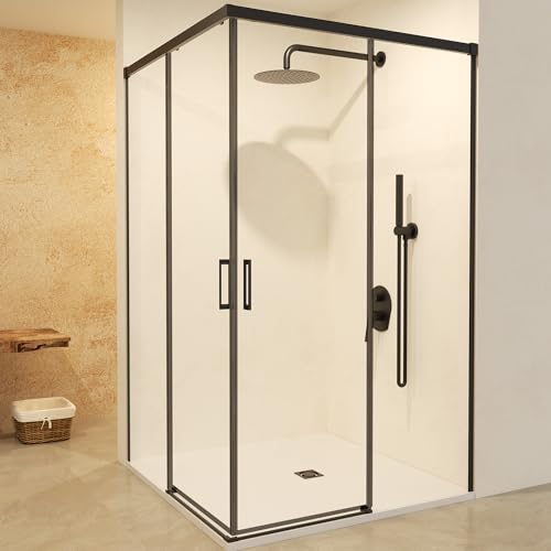 IMEX   Mampara Ducha Negra Dos Puertas 2 Fijas + 2 Correderas 100x115cm | Mampara de Cristal Reversible y Perfilería de Aluminio con 195cm de Altura | Vidrio con Grosor 6mm y Cierre con Imán