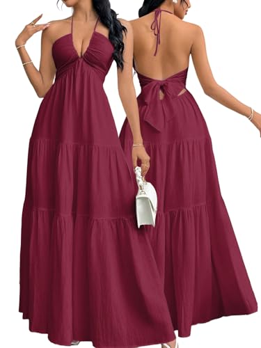 Image of Narecte Women's Maxi Summer Dresses Halter V Neck Beach Dresses for Women A-Line Casual Dress for Vacation