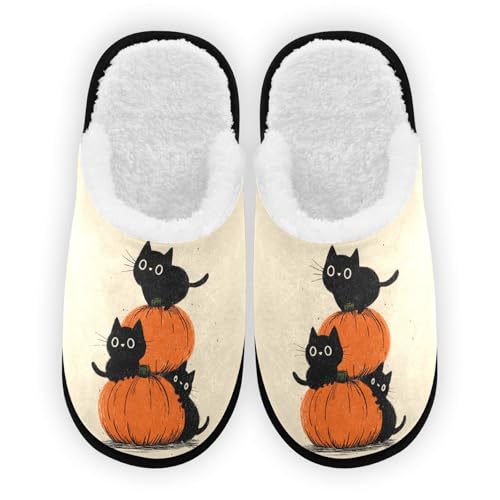 Halloween Cat Pumpkin Beige Slippers For Women Men Soft Memory Foam Non-Slip Hallowmas Winter Indoor House Shoes Travel Slipper