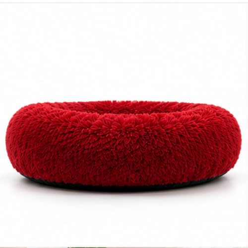 Image of Dog Bed for Dogs & Cats, Fluffy Round Donut Pet Bed, Ultra Soft Faux Fur Pet Nest, Raised Edge Comfort Support, Reversible Double-Sided Use, Washable Sleeping Cushion, Red, Small