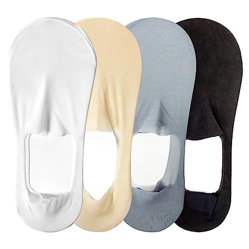 4 pares de calcetines invisibles para mujer, calcetines de corte bajo, calcetines invisibles antideslizantes para barcos, calcetines invisibles de seda helada, talla 4-7 (natural/negro/blanco/azul)