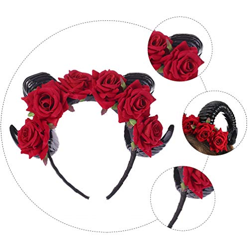 FRCOLOR Horn Flower Headband Headpiece,Rose Flower Hair Hoop Headband Mexican Floral Black Halloween for Women,Girls(Red) - Image 3