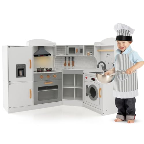 GOPLUS Cocina de Juguete de Esquina para Niños, Cocinita Infantil con Máquina de Hielo, Microondas, Estufa, Horno, Fregadero, Lavadora, con Luces y Sonidos para Niños Pequeños de 3-10 Años (Blanco)