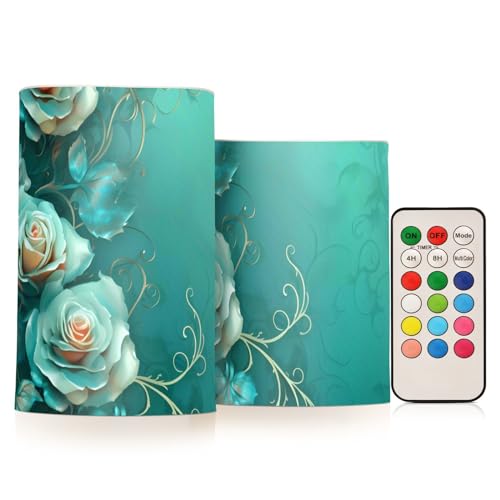 Image of Teal Lights Flameless Candles Vintage Turquoise Green Roses Pillar Candles Set of 2 Battery Operated Remote Control Warm Lights Home Decor