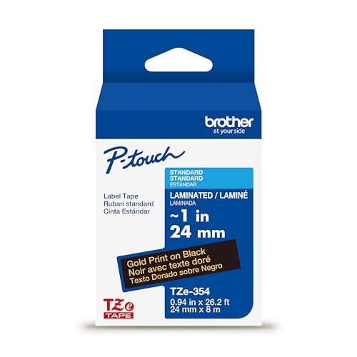 Brother Genuine P-Touch TZe Gold Print on Black Label Tape (TZe354), Laminated,1in x 26.2ft (24mm x 8m), for Select P-Touch Label Makers, Durable, Water-Resistant, Indoor/Outdoor Use