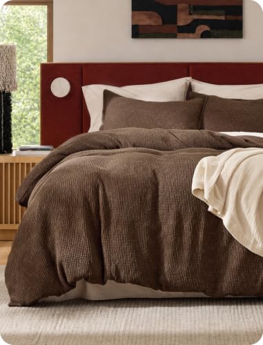 Image of Bedsure PureWoven Space-Dyed Cotton Waffle Duvet Cover Set, Queen, Brown