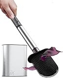 MooStar 1-Pack Silicone Toilet Brush with Holder-Stainless Steel Wall-Mounted & Free-Standing Toilet Brushes and Holders with Quick-Drying Flexible Flat Brush Head & Soap Dispenser for Bathroom-Silver