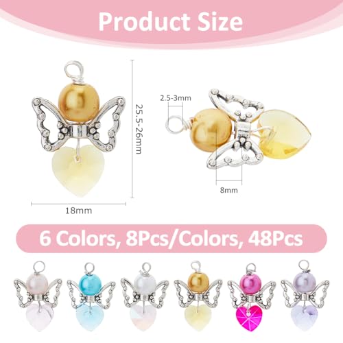 DICOSMETIC 48Pcs Angel Charms 6 Styles Angel Glass Beads Pendant Fairy Wings Bead Dangle Charms Colorful Heart Beads Charm Cute Hollow Wing Charm for DIY Earrings Necklace Jewelry Making - Image 2