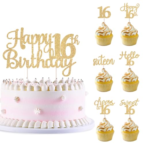 Wolpark Glitter Sweet 16 Cake Topper Gold Happy 16th Birthday Cake Decor Sixteen Hello 16 Cheers to 16 Years Cupcake Toppers for Happy 16th Birthday Anniversary Party Supplies, 25Pcs