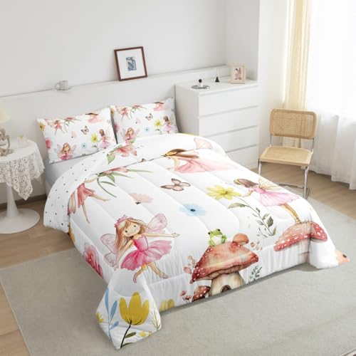 Image of Feelyou Kids Princess Bedding Set Full Size, Fairy Garden Comforter Set Pink Duvet Insert Boys Girls Teens Bedroom Decor 3Pcs