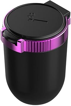 Car Ashtray with Lid,Portable Ashtray for Car,Mini Car Trash Can,Detachable Stainless Steel Smokeless Cylinder Cup Holder Ash Tray with Blue LED Light, Windproof for Outdoor Travel,Home Use, Purple