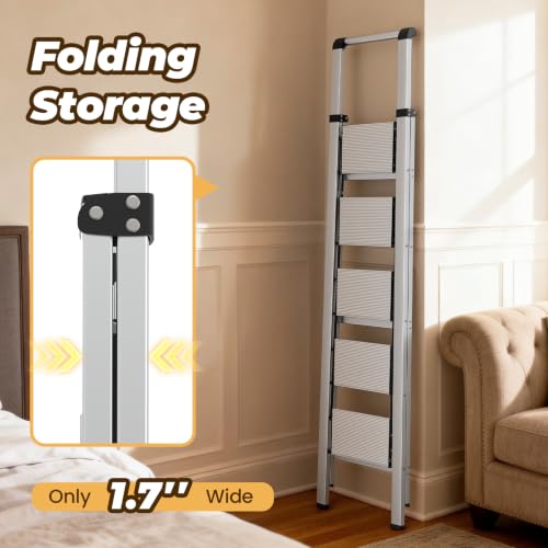 Image of HBTower 5 Step Ladder,Lightweight Aluminum Folding Step Stool with Anti-Slip Wide Pedal,330lbs Capacity Step Ladder for Household,Kitchen,Office - Sliver