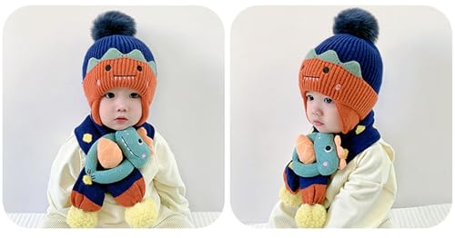 2 in 1 Girls Boys Winter Warm Knitted Thermal Fleece Lining Cartoon Dinosaur Hat Scarf Neck Warmer Scarf Set2