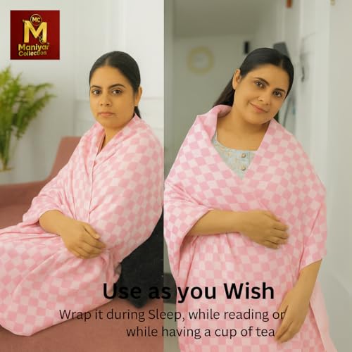 Image of MANIYAR COLLECTION Handloom Bhagalpuri Cotton Silk Mix Dull Andi 3D Checked Chadar - Soft Grey Comforter & Odhnewali Blanket for All-Season Sleeping - (220x125cm - Size) (Pink)