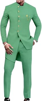 Mens 2 Piece Party Suit African Dashiki Shirt Long Sleeve Tux Blazer & Pants Formal Wedding Outfit Suit Tracksuit Color Green, Size 4X-Large