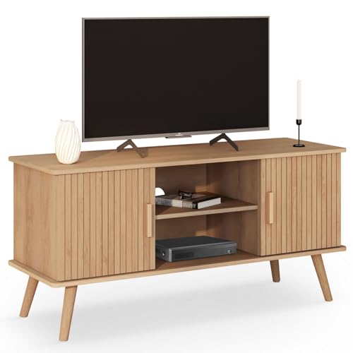 IDMarket - Meuble TV 110 cm Juliette 2 Portes Lattes tasseau Bois Coloris chêne