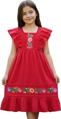 YZXDORWJ Mexican Dress for Girls Toddler Embroidered Boho Sleeveless Ruffle Dresses Fiesta Party Dress (130 G56R)