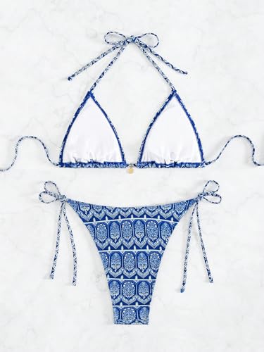 WDIRARA Women's 2 Piece Floral Print Swimsuits Geometric Halter String Triangle Bikini Set Beach Bathing Suit2