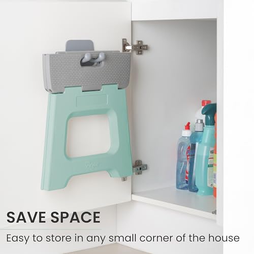 Image of Vigar Compact Folding Step Stool, 12-1 /2 in, Light Turquoise | 12-1 /2 in Foldable Stool, Lightweight Portable Design, Handle, Non Slip Surface, Space-Saving, Supports up to 330 lb