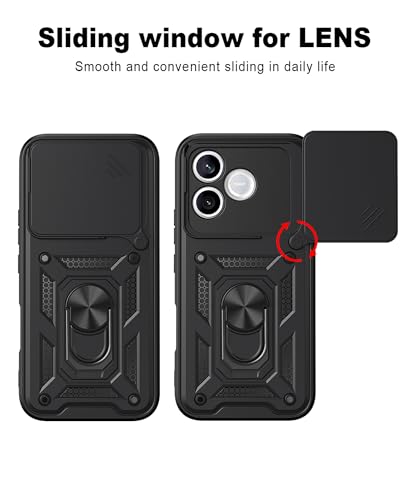 Image of Casodon Shockproof Back Case Cover for Honor 600 Lite 5G, Shockproof Honor 600 Lite Back Cover, Ring Case with Kickstand and Camera Protection Shutter - Black