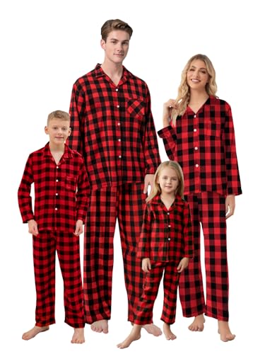 QZH.DUAO Family Plaid Pajamas For Mens, Adult 2-Piece Button Down Flannel Christmas Pjs Sleepwear, Black Red, US S