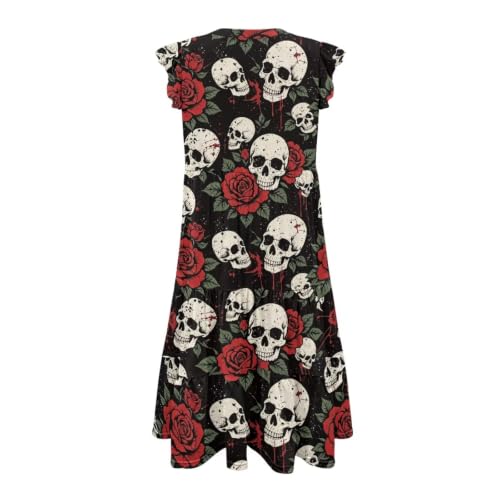 Image of Women's Casual Ruffle Sleeve Dress V Neck Pullover Dress Flowy A-Line Pleated Lightweight Dress with Pockets