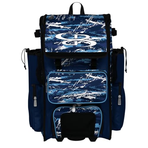 Boombah Rolling Superpack Baseball/Softball Gear Bag - Telescopic Handle - Holds 4 Bats - Wheeled Version - Razor Navy/Columbia/White
