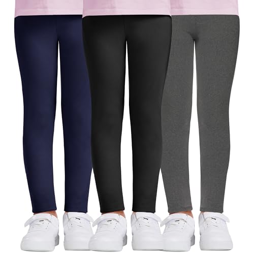 DDOBB 3er Pack Leggings Mädchen High Waist Leggins Kinder Sportleggins Lange Weich Elastisch Basic Sporthose Blickdichte Hose für Tanz Yoga Alltag(Schwarz+Navy+Hellgrau, M=(6-8 Jahre))