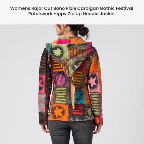 Image of Shopoholic Fashion Slashed Patchwork Pixie Hippie Hoodie Jacket for Women, Lightweight Zip Up Sweater Cardigan