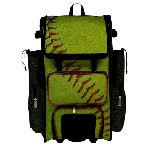 Boombah Rolling Superpack Baseball/Softball Gear Bag - Telescopic Handle - Holds 4 Bats - Wheeled Version - Softball Homerun Glitter Optic Yellow/Black/Red