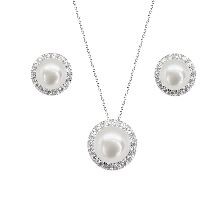 Conjunto de joyas de circonio cúbico y perlas cultivadas en agua dulce collar y pendientes