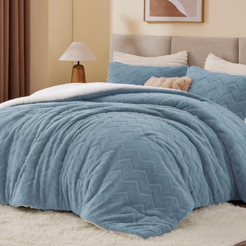 Image of BEDELITE Fluffy Sherpa Queen Comforter Set,Blue Fog