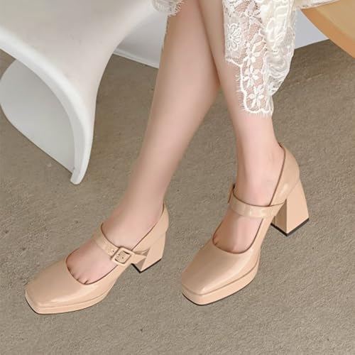 Alyaafifa High Heel Platform Pumps for Women Ankle Strap Chunky Heel Mary Janes Square Closed Toe Leather Suede Dress Shoes Office Lady Party Event Prom Wedding2
