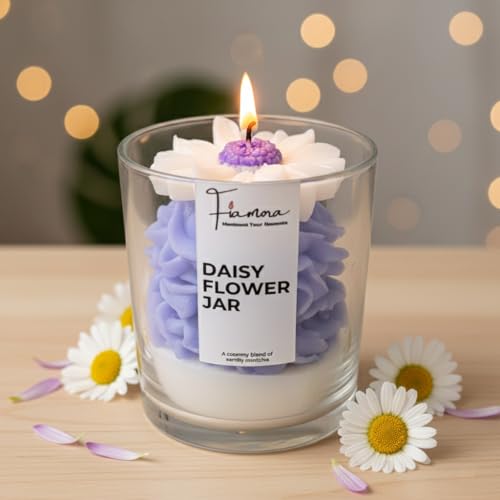 Image of Aesthetic Daisy Flower Scented Jar Candle | Calming Lavender Fragrance for Relaxation & Stress Relief | Hand-Poured Whipped Soy Wax | Unique Dessert Candle Design | Perfect for Home Decor