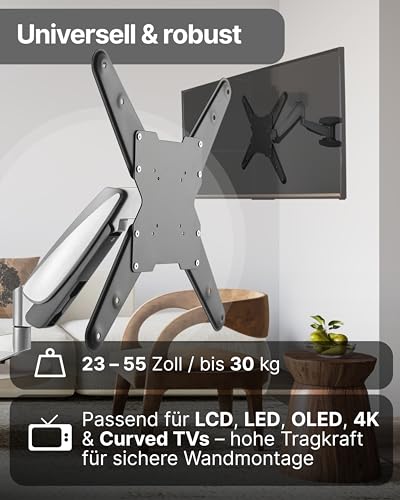 SCHWAIGER TV-Wandhalter Full Motion 1 I 23-55 Zoll Fernseherhalterung I neigbar, schwenkbar, drehbar & höhenverstellbar I Montageset für Flachbildschirme I TV-Halterung mit integrierter Kabelführung – Bild 5