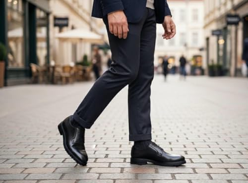 Image of Men's Black Plain Toe Derby Shoes - Classic Lace-Up Dress Shoes with Non-Slip Rubber Lug Sole - Professional Business & Office Footwear