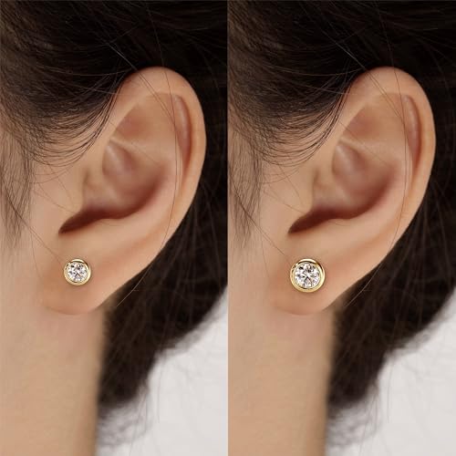 925 Sterling Silver Round Moissanite Stud Earrings for Women & Men, D Color VVS1, Hypoallergenic Bezel Set, 14K Gold Plated, Imitation Diamond Gifts4