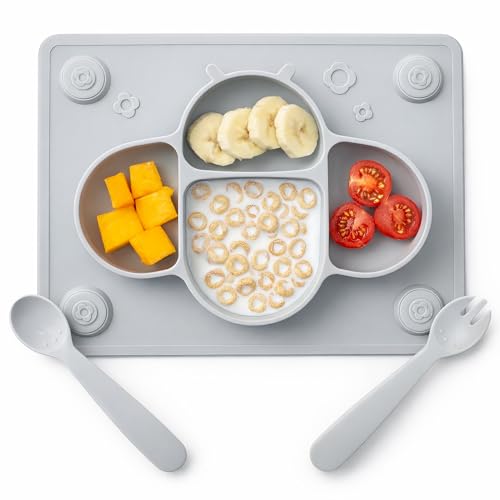 Image of ROCCED Suction Plates for Baby Placemat Spoon Fork Set for Toddlers, Silicone Baby Plates with Suction Baby Dishes for Kids Plates-grey