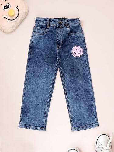 Image of KiddoPanti Girls Solid Waist Elasticated Straight Fit Jeans