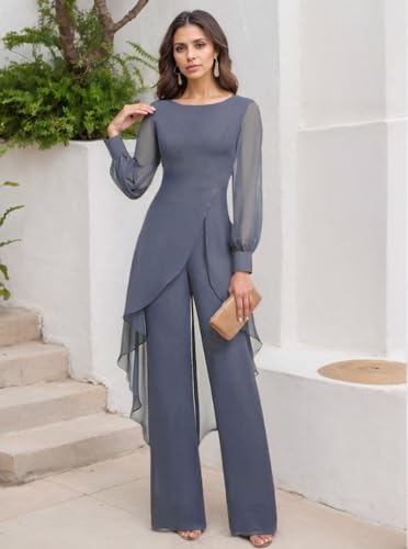 Jumpsuit Mother of the Bride Dress Chiffon Scoop Neck Long Sleeve Elegant Wedding Guest Dress with Pleats 20252